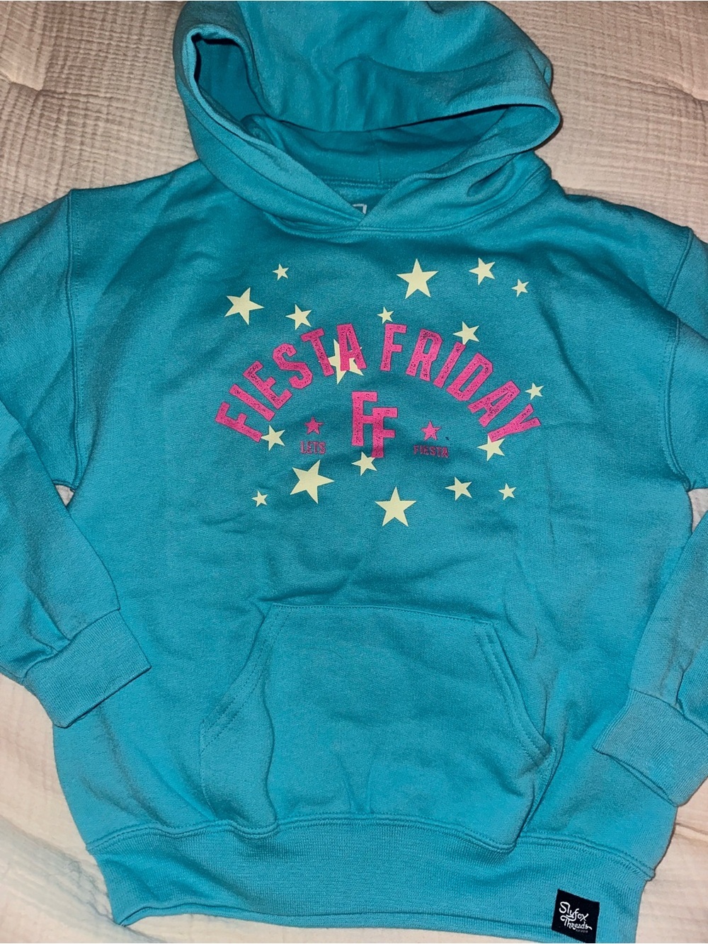 Slyfox Threads Kids' Teal Hooded Sweatshirt Pink ‘Fiesta Friday’ - NWOT Medium